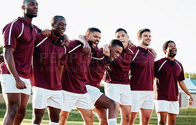 Buy stock photo Rugby, funny or crazy team with motivation, solidarity or support ready for a match or sports training. Happy men, fitness or group of healthy male athletes joke before a game on a grass stadium
