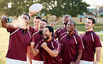 Buy stock photo Sports, celebration and selfie of rugby team on field celebrating exercise goals, workout targets or achievement. Winner, success and group of friends, men and players taking pictures for victory.