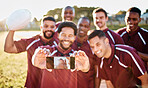 Portrait, phone and selfie of rugby team on field after exercise, workout or training. Teamwork, sports and group of friends, men or players take pictures for happy memory or social media with mobile