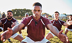Sports, men and portrait of a rugby team on a field for stretching, training and fitness exercise. Athlete group people train for teamwork, competition game and diversity with workout and performance