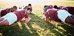 Man, team and planking on grass field for sports training, fitness and collaboration in the outdoors. Group of sport rugby players in warm up exercise together for teamwork preparation, match or game