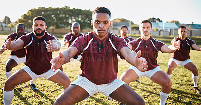 Buy stock photo Rugby, haka or team with motivation, solidarity or support in a battle cry, war dance or challenge with unity. Performance, fitness group or athletes dancing before a game or match on a grass stadium