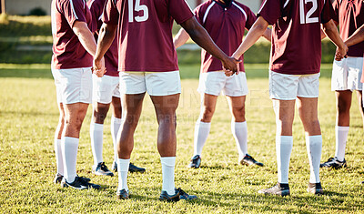 Buy stock photo Man, team and holding hands in fitness for sports motivation, collaboration or coordination and goal on field. Group of men huddle in circle for teamwork, community or sport strategy and solidarity