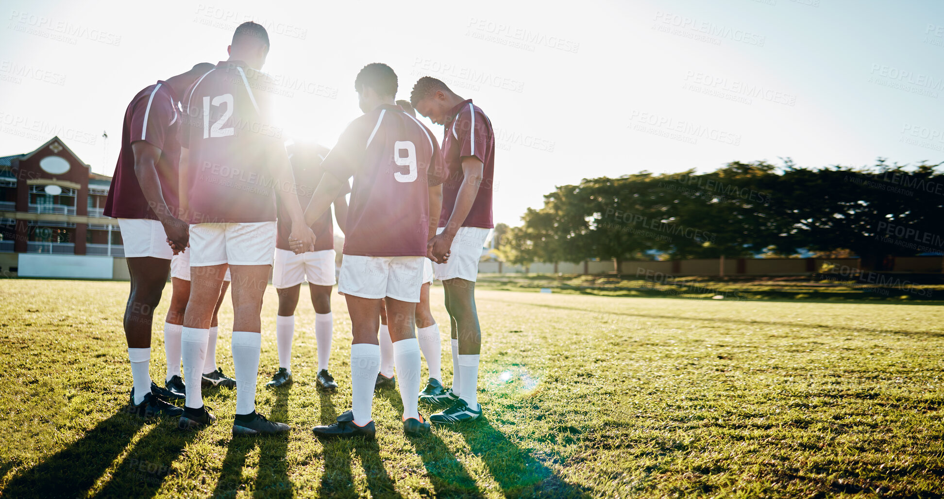 Buy stock photo Man, team and holding hands in sports huddle for fitness, collaboration or goal on grass field. Group of men in circle or scrum for teamwork, community or sport strategy and game solidarity