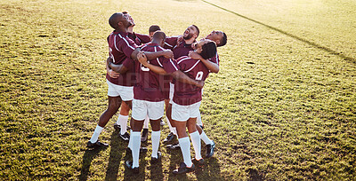 Buy stock photo Sports, field and team in a huddle with motivation, strategy and coordination after training. Fitness, collaboration and group of male athletes in unity before a game or match by a grass stadium.
