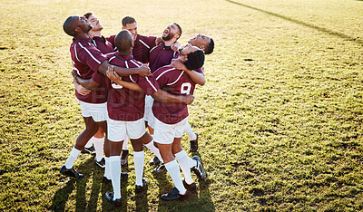 Buy stock photo Fitness, field and group in a huddle with motivation, strategy and coordination after training. Sports, collaboration and team of male athletes in unity before a game or match by a grass stadium.