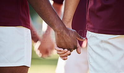 Buy stock photo Sports, team and holding hands in unity for collaboration, partnership or coordination in the outdoors. Hand of sport players in solidarity for motivation, teamwork or support of goal before game