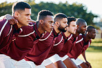 Man, huddle and team scrum for sports coordination, collaboration or motivation in the outdoors. Group of sport men in fitness training, planning or strategy getting ready for game, match or start