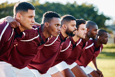 Buy stock photo Man, huddle and team scrum for sports coordination, collaboration or serious on the grass field. Group of sport men in fitness training, planning or strategy getting ready for game, match or start
