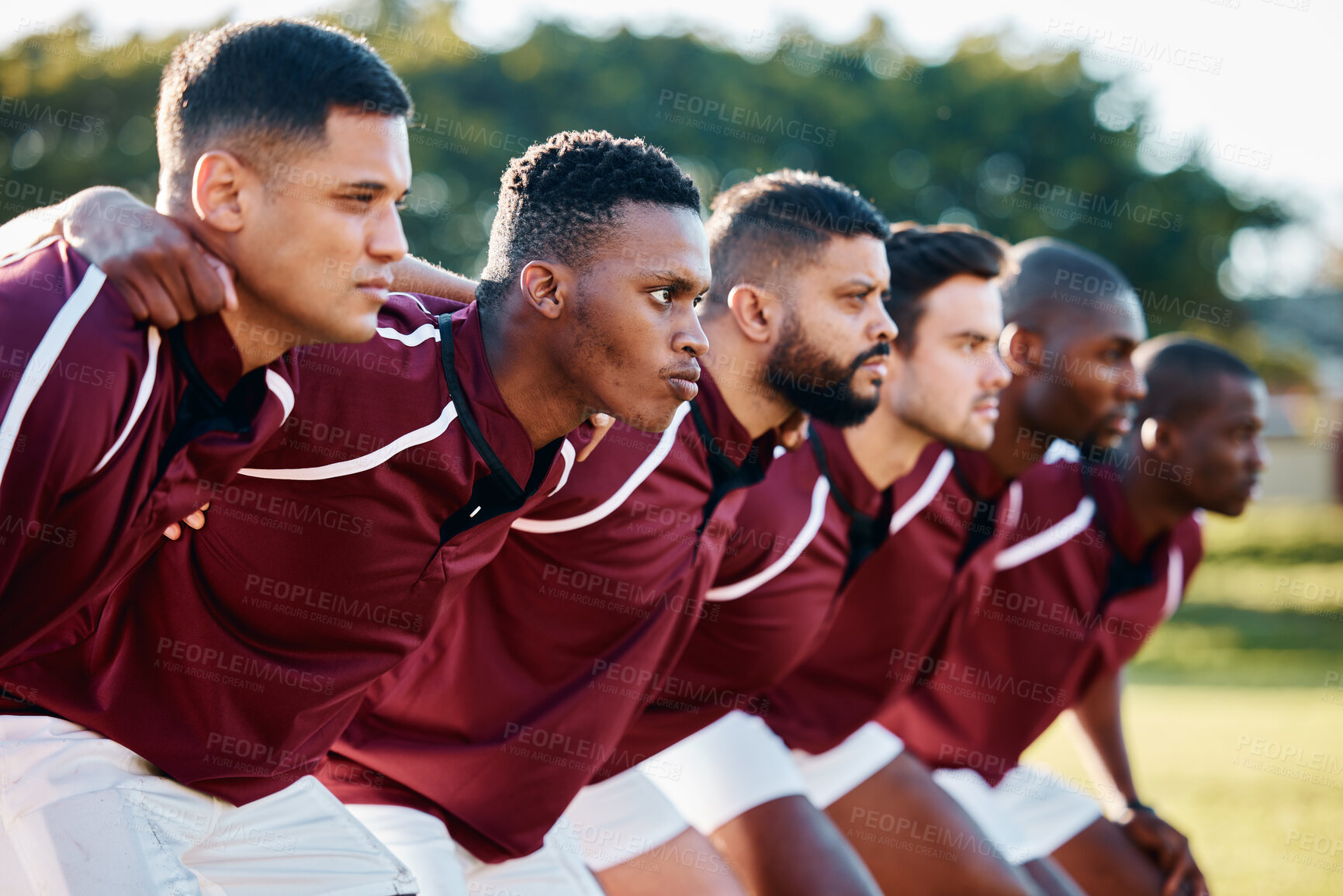 Buy stock photo Man, huddle and team scrum for sports coordination, collaboration or serious on the grass field. Group of sport men in fitness training, planning or strategy getting ready for game, match or start