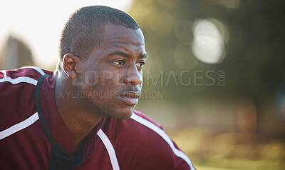 Buy stock photo Face, focus and black man in sports training, rugby competition or game on field for power or challenge. Side profile, thinking and tired athlete or person with workout, exercise or fitness strategy