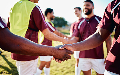Buy stock photo Men, sports and handshake for greeting, introduction or sportsmanship on the grass field outdoors. Sport team shaking hands before match or game for competition, training or workout exercise together