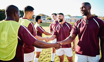Buy stock photo Man, sports and handshake for team greeting, introduction or sportsmanship on the grass field outdoors. Sport men shaking hands before match or game for competition, training or workout exercise
