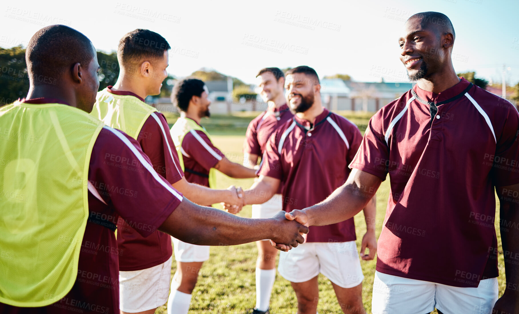 Buy stock photo Man, sports and handshake for team greeting, introduction or sportsmanship on the grass field outdoors. Sport men shaking hands before match or game for competition, training or workout exercise