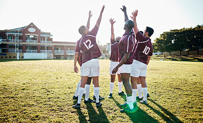 Buy stock photo Man, sports and team in celebration for winning, victory or success in collaboration together on grass field. Sport men celebrating with hands in air for win, teamwork or partnership in solidarity