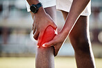 Injury, inflammation and man with knee pain from sports, fitness accident and injured muscle. Symptom, emergency and athlete holding his leg after a sprain, swollen joint and workout strain on body