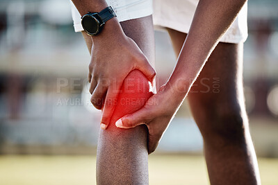 Buy stock photo Injury, inflammation and man with knee pain from sports, fitness accident and injured muscle. Symptom, emergency and athlete holding his leg after a sprain, swollen joint and workout strain on body