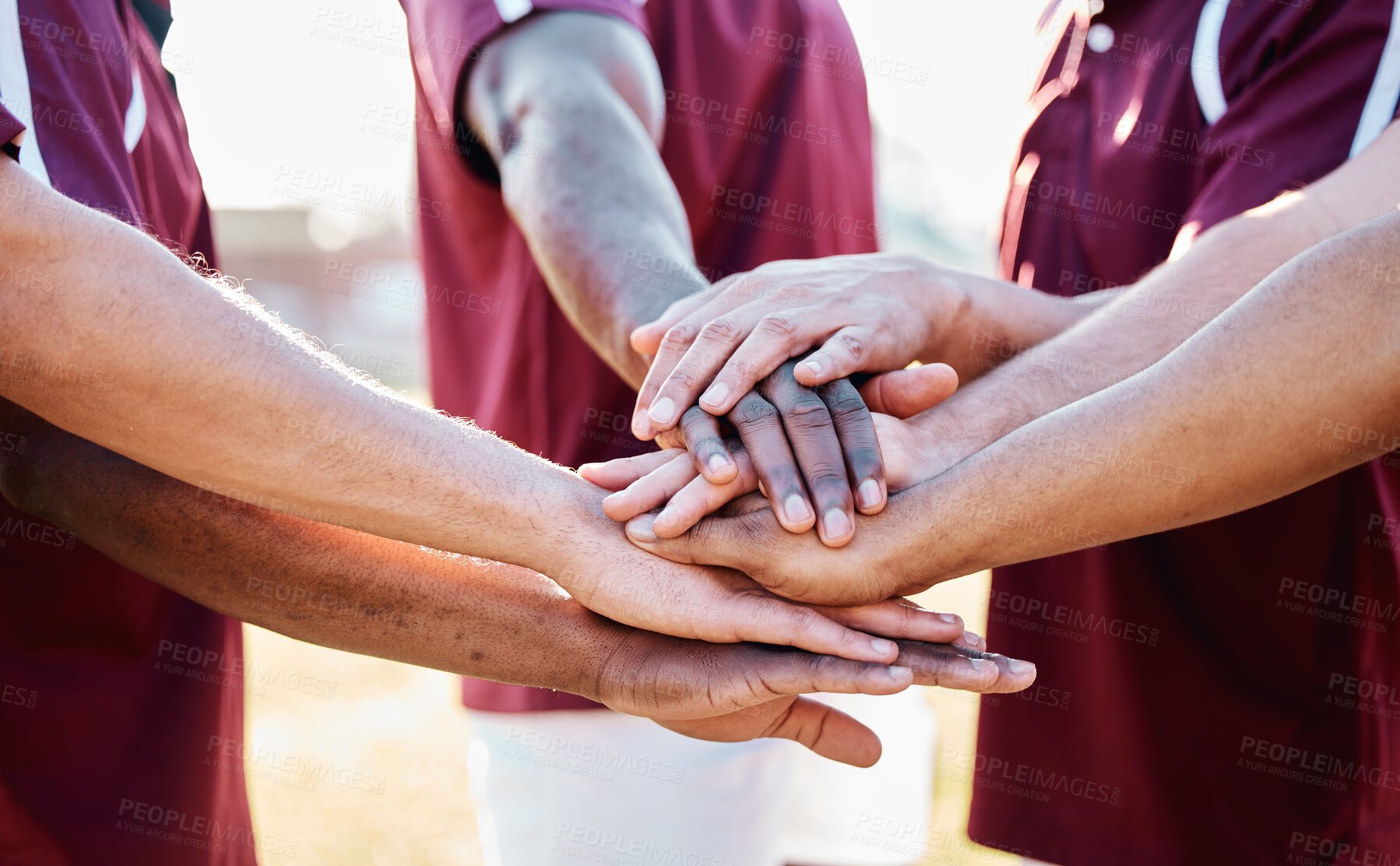 Buy stock photo Hands, sports and collaboration in trust, unity or partnership together in solidarity for motivation. Hand of group in teamwork, coordination or goal or strategy, sport game or win agreement