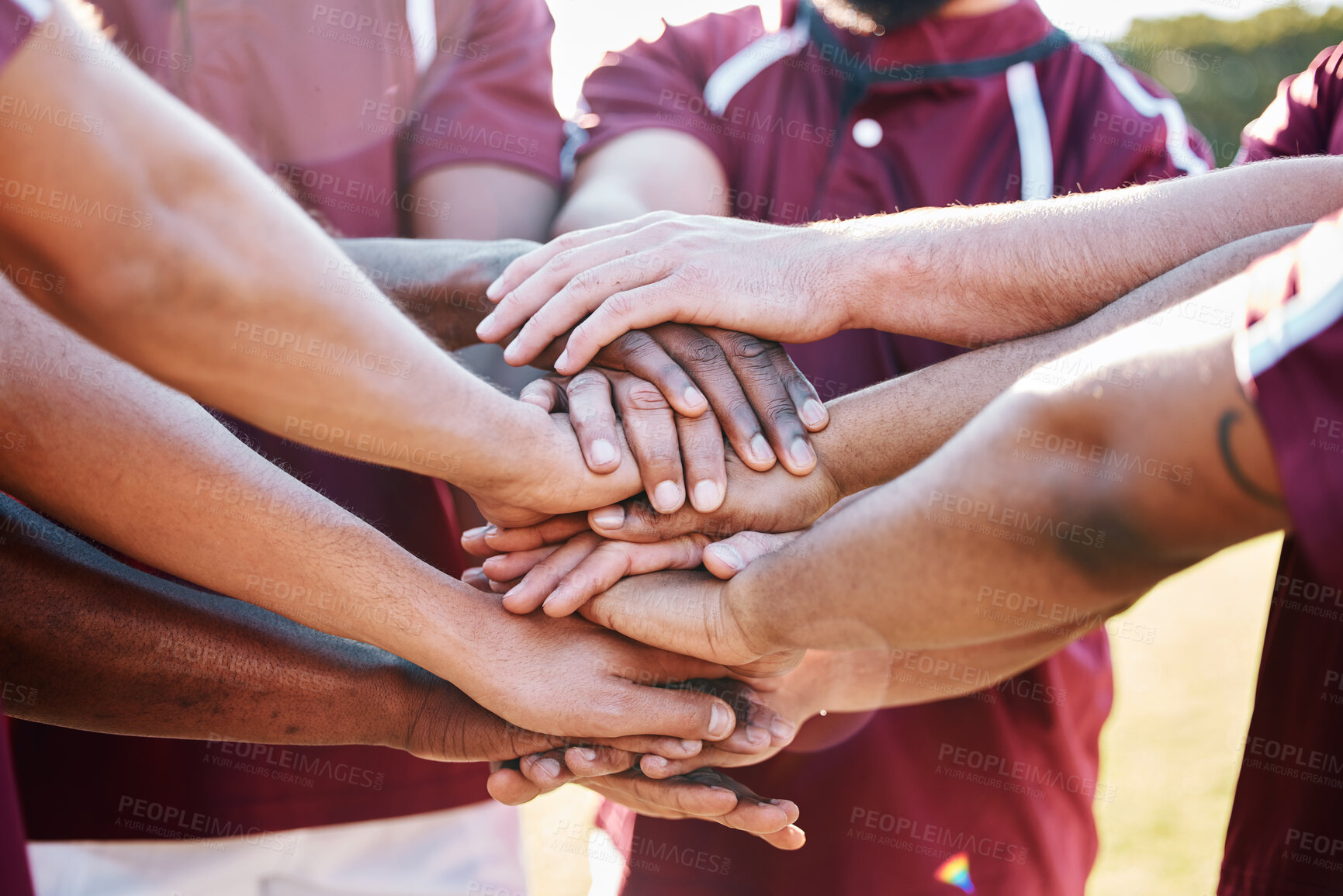 Buy stock photo Hands, sports and collaboration in trust, partnership or unity together in solidarity for motivation. Hand of group in support of teamwork, goal or planning for strategy, sport game or win agreement