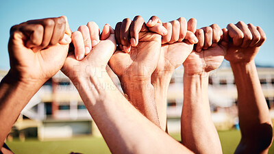 Buy stock photo Fist hands, sport community and hand closeup of exercise team together on a outdoor field. Sports support, workout and fitness friends ready for a athlete competition with solidarity and teamwork