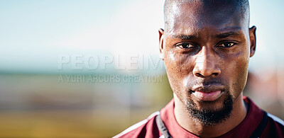 Buy stock photo Black man, athlete and face with focus, sport and fitness outdoor with mockup space, sweat and determined. Portrait, exercise and sports with training, mindset and motivation with workout in Jamaica