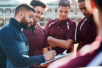 Buy stock photo Coaching, rugby team or people with field strategy, checklist and training progress, teamwork and planning game. Leadership man talking to sports men or athlete group for workout or competition goals