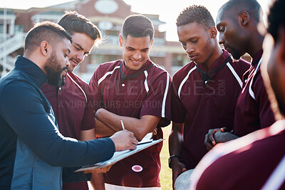 Buy stock photo Rugby team, people and coaching for field strategy, checklist and training progress, teamwork and planning game. Leadership man talking to sports men or athlete group for workout or competition goals