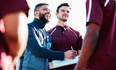 Buy stock photo Coaching, rugby or happy man writing with a strategy, planning or training progress with a game formation. Leadership, mission or funny guy with sports men or athlete group for fitness or team goals