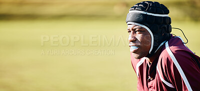 Buy stock photo Sports, rugby or black man on field thinking of playing or training for a game or match competition. Fitness, face or healthy African athlete player in a workout or exercise on grass by a stadium 