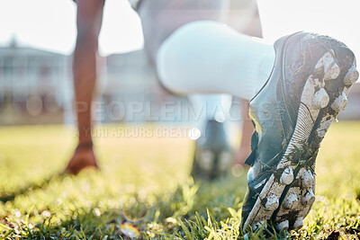 Buy stock photo Runner start, rugby man shoes and sport field with athlete ready for running and workout. Summer, training group and player prepare for fitness and exercise challenge outdoor with blurred background