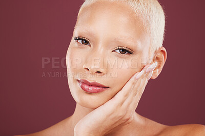 Buy stock photo Makeup, portrait and black woman in studio, soft and beauty cosmetics, natural and maroon or red background. Skincare, face and girl model relax in luxury pamper treatment while isolated on mockup.