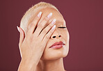 Eyes closed, hands and face skincare of woman in studio isolated on a red background mockup. Dermatology, makeup cosmetics and beauty of female model satisfied after facial treatment for healthy skin