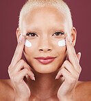 Skincare, beauty and portrait of woman putting cream on face, cosmetics and makeup on studio background. Dermatology, spa facial treatment and model isolated with mock up, anti ageing care and glow.