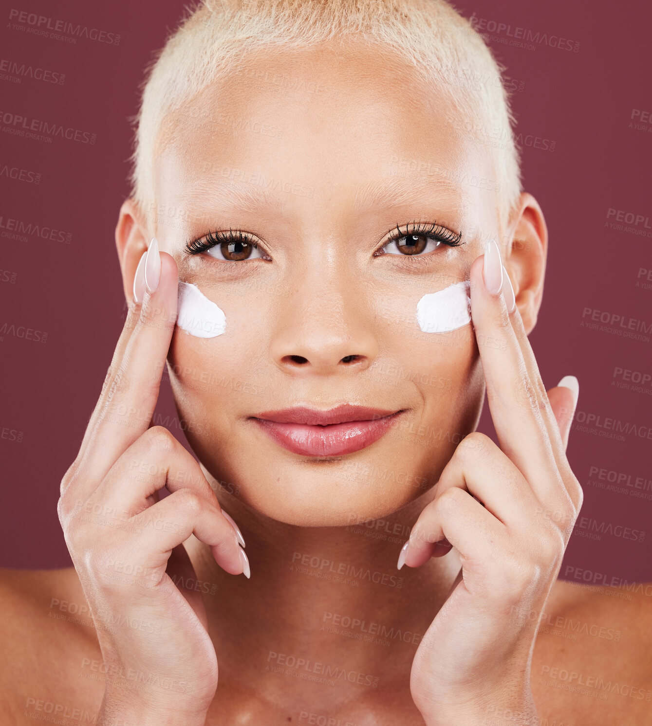 Buy stock photo Skincare, beauty and portrait of woman with cream on face, cosmetics and makeup on studio background. Dermatology, spa facial treatment and model isolated with mock up, anti ageing care and glow.