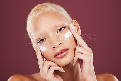 Buy stock photo Skincare, beauty and portrait of woman with hands and lotion on face, cosmetics and makeup on studio background. Dermatology, spa facial treatment and model isolated with mock up and anti ageing glow