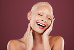 Eyes closed, face and beauty skincare of woman in studio isolated on a red background. Dermatology aesthetic, makeup cosmetics and happy female model satisfied after facial treatment for healthy skin