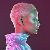 Futuristic fashion, cyberpunk portrait and black woman with chrome clothing  in studio. Vaporwave, isolated and gen z with a young female model glow  with cosmetics and scifi clothes with mockup