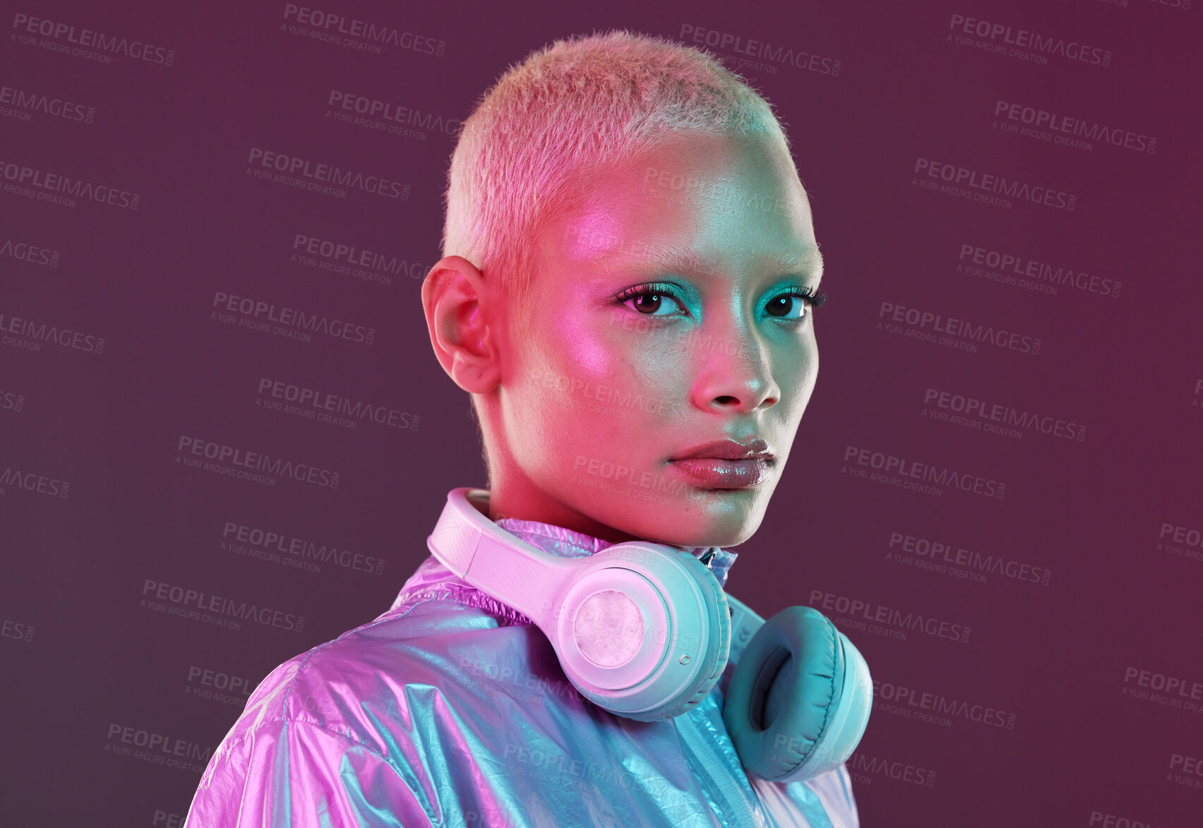 Buy stock photo Vaporwave fashion, chroma clothing and portrait of black woman with headphones in studio. Futuristic style, gen z and cosmetics of a young person isolated with cyber and technology aesthetic 