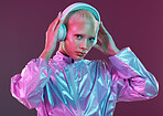 Holographic fashion, woman portrait and music headphones for hologram trend isolated in studio. Futuristic, vaporwave and electronic art with cyberpunk model face for retro cosmetics and audio sound