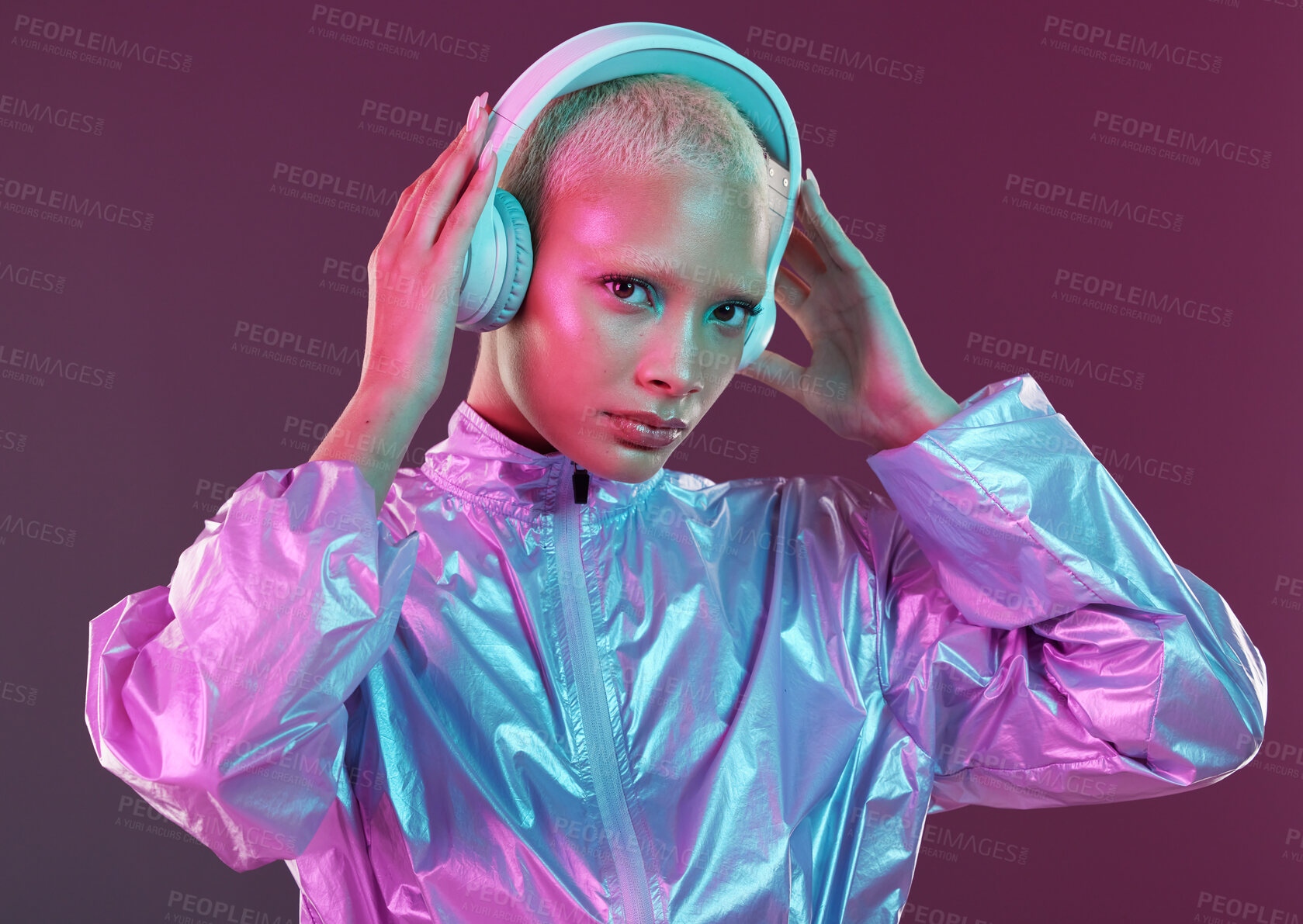 Buy stock photo Holographic fashion, woman portrait and music headphones for hologram trend isolated in studio. Futuristic, vaporwave and electronic art with cyberpunk model face for retro cosmetics and audio sound