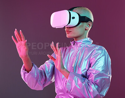 Buy stock photo Virtual reality glasses, woman and metaverse for futuristic gaming, digital transformation and tech. Cyberpunk person hands on studio background with vr headset for 3d and cyber world user experience