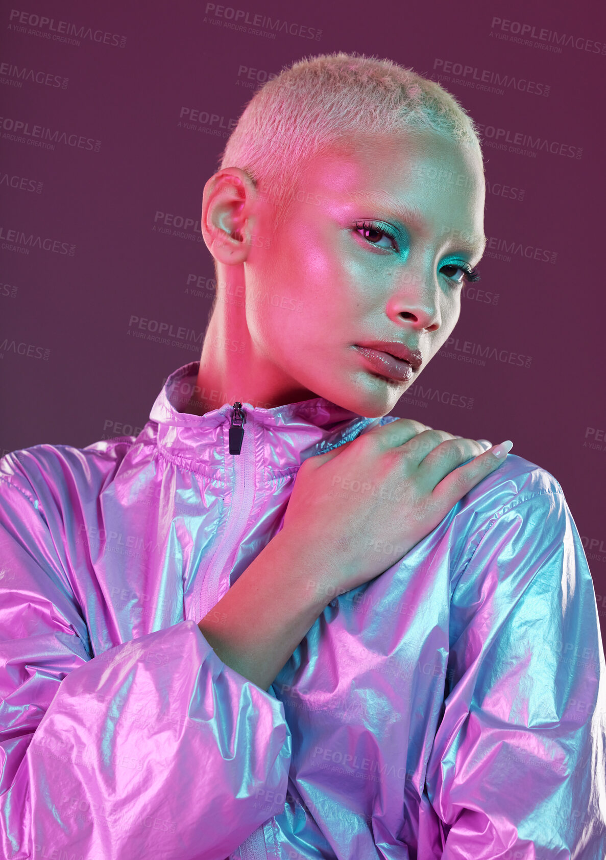 Buy stock photo Cyberpunk, model and portrait of high fashion woman with unique style, makeup and hairstyle isolated in a studio neon background. Creative, artistic and colorful female is trendy and stylish