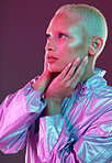 Beauty, cyberpunk and fashion black woman with unique style, makeup and hairstyle isolated in a studio neon background. Creative, artistic and bright and colorful female is trendy and stylish