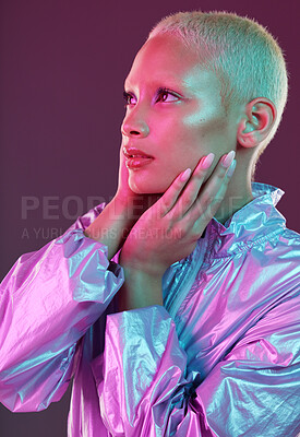 Buy stock photo Beauty, cyberpunk and fashion black woman with unique style, makeup and hairstyle isolated in a studio neon background. Creative, artistic and bright and colorful female is trendy and stylish