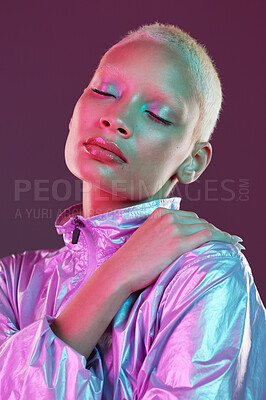 Buy stock photo Holographic fashion, woman face and makeup glow for hologram trend isolated in studio. Futuristic, vaporwave and art color jacket on cyberpunk aesthetic model person for retro cosmetics shine on skin