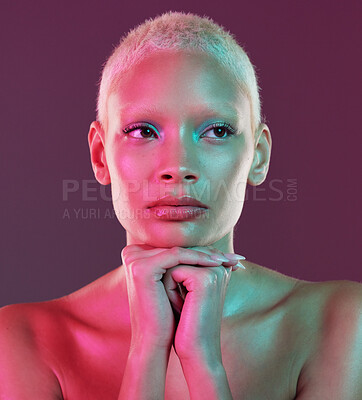 Buy stock photo Neon beauty, art and woman with makeup and lights for creative skincare advertising on studio background. Cyberpunk, product placement and model isolated for skin care and futuristic mock up space.