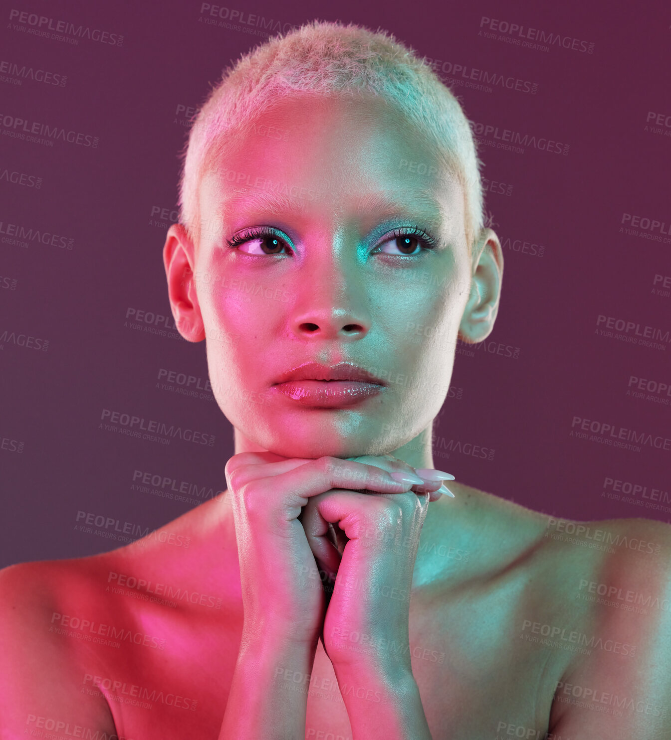 Buy stock photo Neon beauty, art and woman with makeup and lights for creative skincare advertising on studio background. Cyberpunk, product placement and model isolated for skin care and futuristic mock up space.