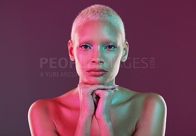 Buy stock photo Skincare, beauty and portrait of woman with neon makeup and lights in creative advertising on studio background. Cyberpunk, product placement and model isolated for futuristic skin care mockup space.