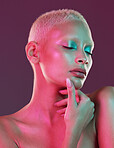 Skincare, neon beauty and woman with eyes closed, makeup and lights in creative advertising on studio background. Cyberpunk, product placement and model isolated in futuristic skin care mock up space