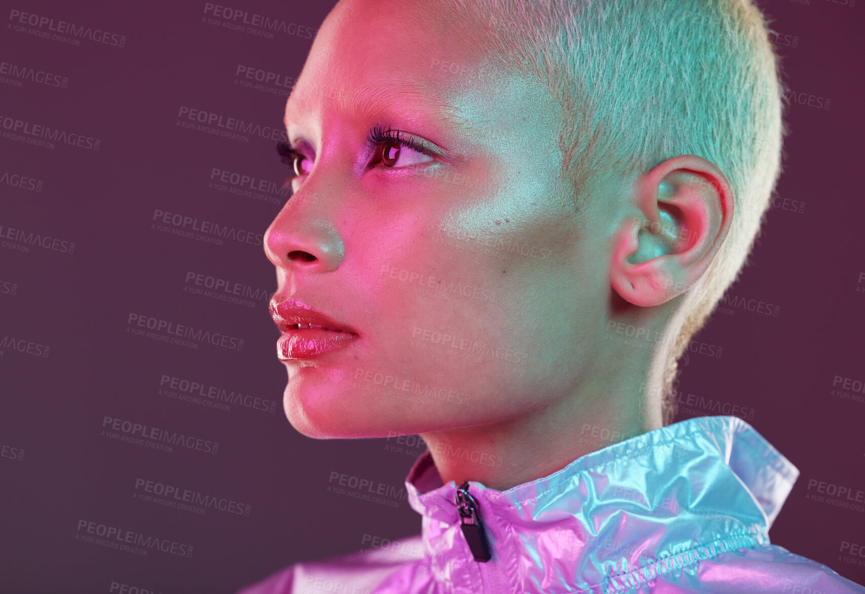Buy stock photo Holographic fashion, woman face and skin glow for hologram trend isolated in studio. Futuristic, vaporwave and art color on cyberpunk aesthetic model person for retro cosmetics or facial makeup shine